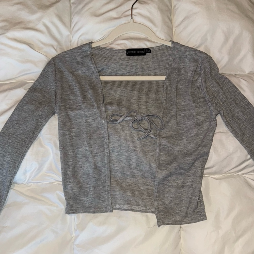 PrettyLittleThing Light Gray Ribbed Top with Tie